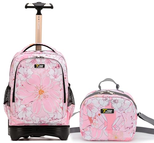 NEW TILAMI Girls & Boys Rolling Backpack - Moisture-Wicking, Adjustable Handle, Large Capacity, Perfect for School & Travel, Pink Flowers - color: Pink Flowers