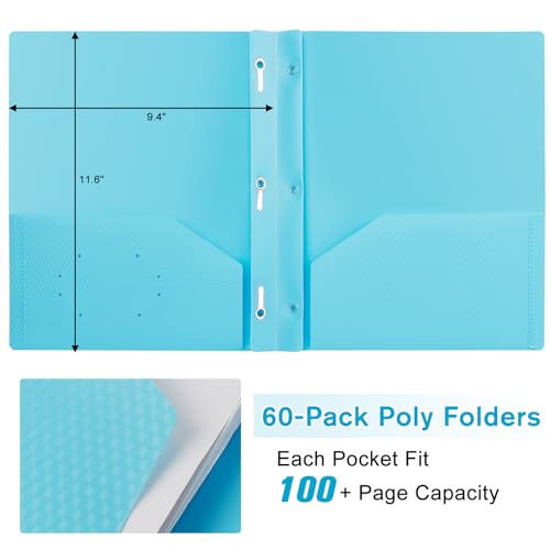 60-Pack Plastic andPockets and Prongs,2-Pocket and3 Fasteners, Pastel Folders Holds 8-1/2" x 11" Paper for School/Office/Home, Blue - color: Light Blue, size: 60-Pack