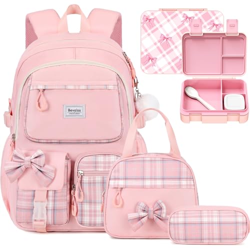 Bevalsa Backpack for Girls, Bow Plaid Bookpack with Bento Lunch Box, Insulated Bag & Utensils, 34oz Lunch Containers School Bags Set for Children Teens Kids Elementary Middle school Student (Pink) - color: Pink Plaid