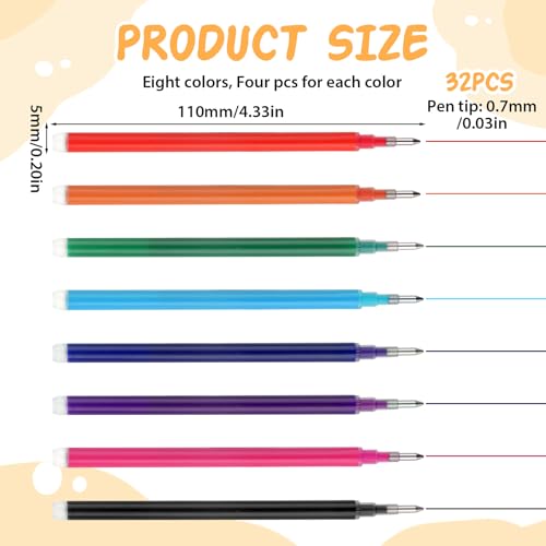 32Pcs 0.7 mm Erasable Gel Ink Pen Refills Compatible with Frixion Friction, 8 Colors Retractable Fine Point Pen Refill (Blue、Black、Red、Green、Orange、Lake Blue、Purple、Rose Red) (8Color, 32)