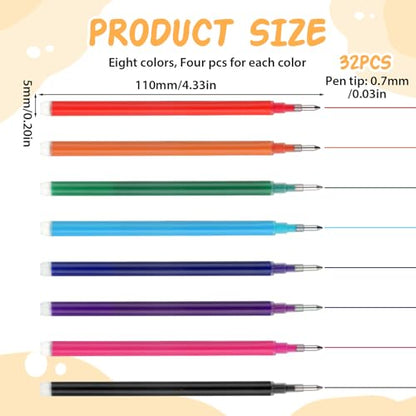 32Pcs 0.7 mm Erasable Gel Ink Pen Refills Compatible with Frixion Friction, 8 Colors Retractable Fine Point Pen Refill (Blue、Black、Red、Green、Orange、Lake Blue、Purple、Rose Red) (8Color, 32)