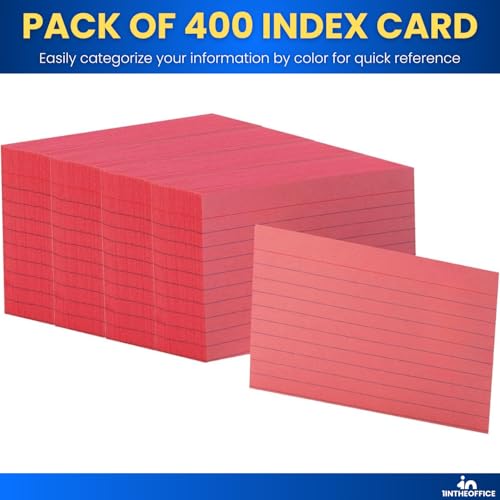 1InTheOffice Index Cards 3x5, Colored Index Cards, Lined, Cherry Red, 400 Pack