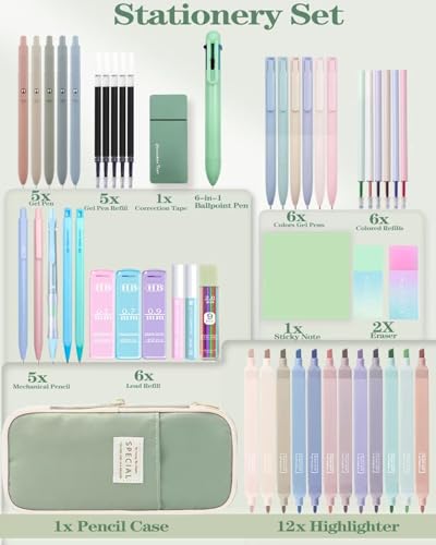 JIZHIYUAN 54PCS Aesthetic Office Supplies with Large Pencil Case,12 Pastel Highlighters,5 Black & 6 Color Ink Gel Pens, 6-in-1 Ballpoint Pen,5 Mechanical Pencils 0.5-2.0mm Stationary Set(Green) - color: Green