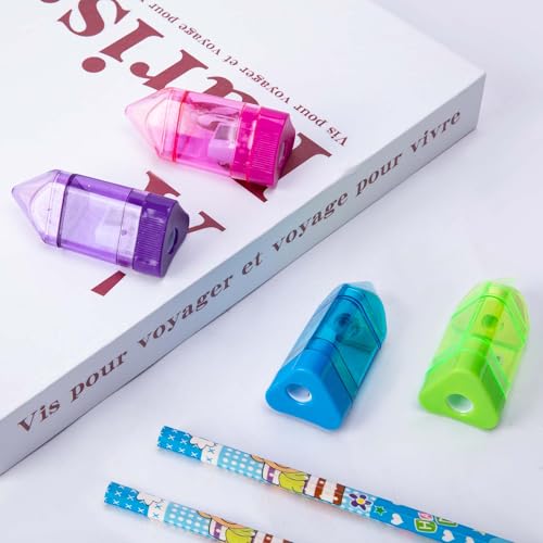 20 PCS Manual Pencil Sharpener with Eraser-2 in 1 Single Hole Triangular Shape Handheld Crayon Sharpener with Receptacle and Eraser for School, Office and Home Supplies