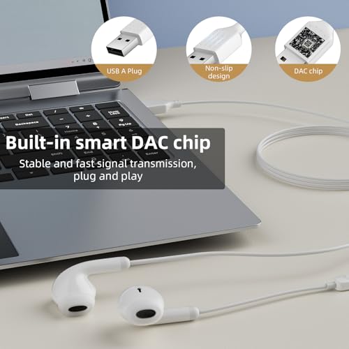 USB Earbuds with Microphone for PC Laptop Computer, 7.5FT White | Noise Isolating Computer Headset with Volume Control Stereo Bass Wired in Ear Earbuds for Gaming Zoom Meeting Office Worker