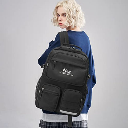 Water Resistant Backpack for Teen Girls Boys Students, Casual Multi Pockets Daypack with 15.6 inch Laptop pocket for Travel School College (Black) - color: Black With Embroidery