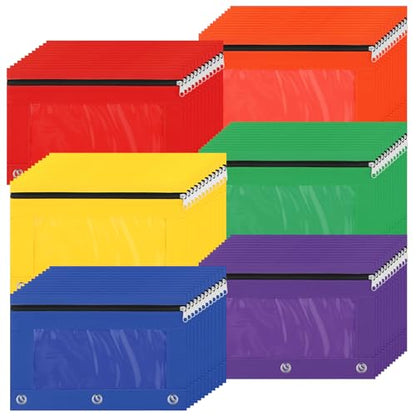 Colarr 200 Pcs Pencil Pouch for 3 Ring Binder 6 Colors Pencil Case Bags Bulk with Clear Window and Smooth Zipper for Students Children Office School Classroom Supplies