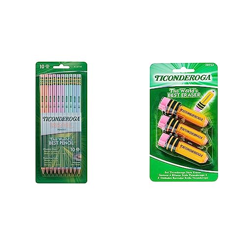Ticonderoga® Pastel Pencils, 2 Soft, Assorted Colors, Pack Of 10 Pencils and TICONDEROGA Erasers, Pencil Shaped, Latex-Free, Yellow, 3-Pack (38953)