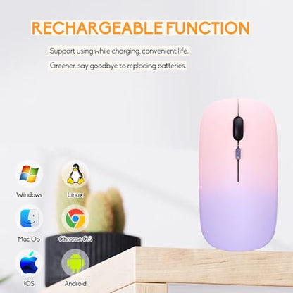 LED Wireless Mouse, Slim Silent Dual-Mode 2.4G+BT Rechargable 7-Color Portable Mobile Optical Office Mouse with USB Receiver, 3 Adjustable Levels for Notebook,PC,Computer, MacBook-Gradient pink purple - color: Gradient pink purple