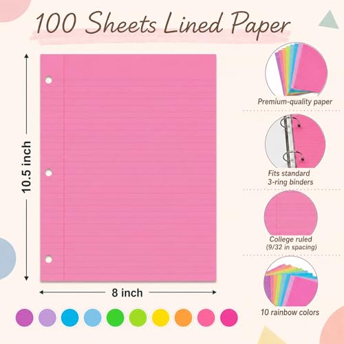gisgfim 100 Sheets 3 Hole Punched Lined Refill Paper 8 x 10.5 Inch Loose Leaf Paper 3-Ring Binders College Ruled Notebooks Planner Inserts Thicken for Writing School Office Home Supplies(Colorful) - color: Colorful