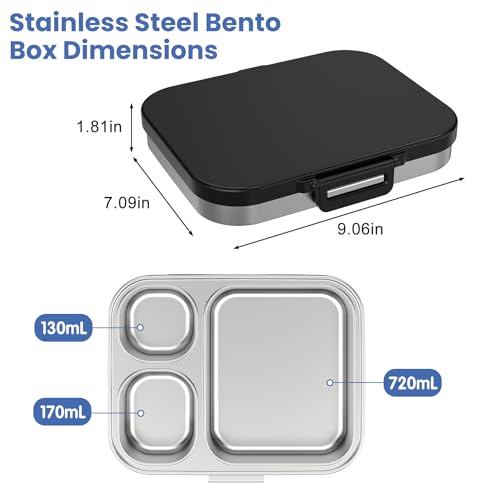 Pawtong Stainless Steel Bento Lunch Box for Kids | 3-Compartment Lunch Box Container Kids | 100% Leakproof, Eco-Friendly, Perfect Portion Control for Kids&Adult Healthy Meals (Black) - color: Black