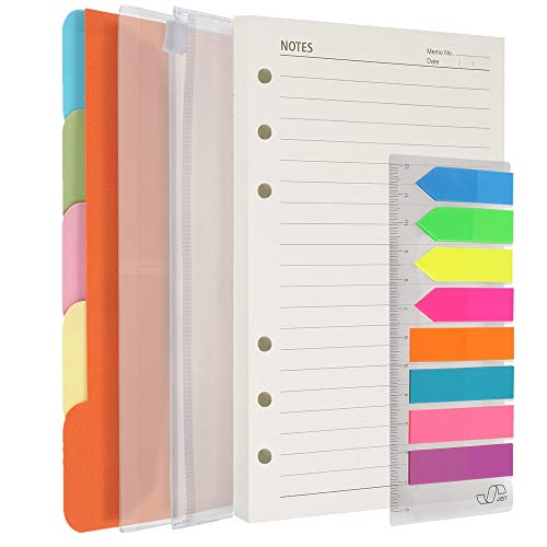 A5 Refill Paper, 200 Lined Pages, 5 Tabs Binder Divider, 160 PCS Index Tabs with Ruler, 2 PCS PVC Pockets, Binder Inserts for Refillable Planner Organizer - color: Off-white