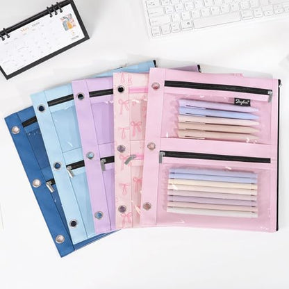 SKYDUE Binder Pencil Pouch for 3 Ring Binder, 3 Compartment Zipper Case, Large Capacity Pen Organizer with Clear PVC Window for School Supplies, Students, Kids & Teachers - color: Skyblue