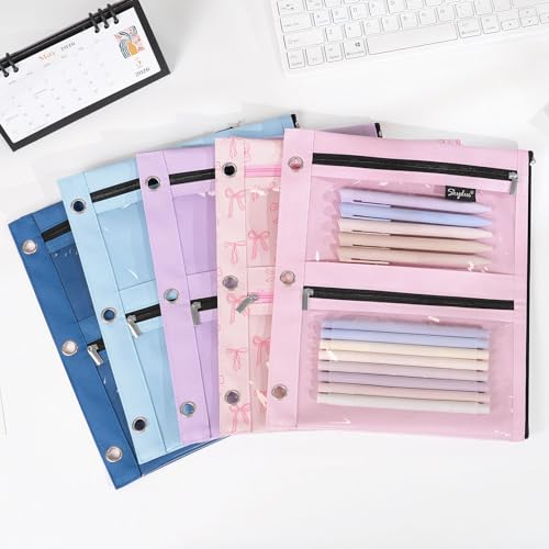 SKYDUE Binder Pencil Pouch for 3 Ring Binder, 3 Compartment Zipper Case, Large Capacity Pen Organizer with Clear PVC Window for School Supplies, Students, Kids & Teachers - color: Navyblue