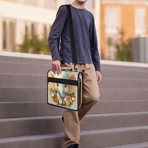 Cute Elephant Animal Zipper Binder, 3 D-Ring Expanding File Folder with Handle & Adjustable Shoulder Strap, 400 Sheets Capacity Multi-Pocket Organizer for 13 Inch Laptop - color: Cute Elephant Animal