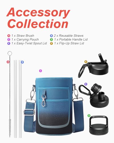 Coolflask Water Bottle 87 oz with Straw, 2/3 Gallon Insulated Stainless Steel Large 3 Lids Big Water Jug for Sports or Office, Non-BPA Keep Cold Up to 48 Hrs or Hot Up to 24 Hrs, Samurai Cyan | 2/3 Gallon Large Water Jug, Triple-Wall Vacuum, Cold 48+h/Hot