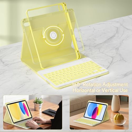 YBING for iPad A16 Case with Keyboard & iPad 10th Generation 10.9" 2022, 360 Rotation Magnetic Cover with 7-Color Backlit Wireless Detachable Keypad with Pencil Holder (Yellow) - color: Yellow