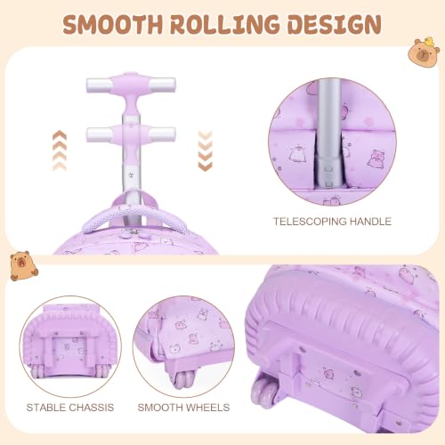 Capybara Theme Rolling Backpack with Lunch Bag & Pencil Case, Kids Rolling Backpack for Girls, Wheeled School Bookbag with Telescoping Handle for Kindergarten Elementary Middle High School - color: Purple