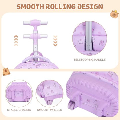 Capybara Theme Rolling Backpack with Lunch Bag & Pencil Case, Kids Rolling Backpack for Girls, Wheeled School Bookbag with Telescoping Handle for Kindergarten Elementary Middle High School - color: Purple
