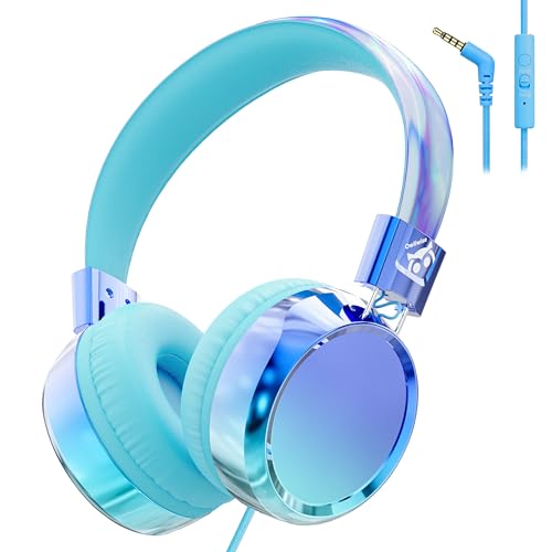 Owliwise Kids Headphones for School Travel, Safe 85/94dB Volume Limiter, HD Microphone, Over-Ear Foldable Headphones for Kids, Boys Girls, 3.5mm Wired for iPad Cord Tablet Computer, Aura Series - color: Blue