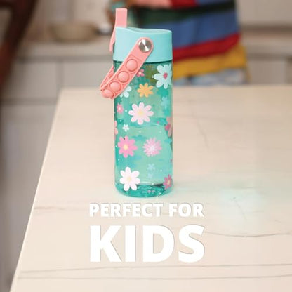 Elemental Leak Proof Water Bottles for Kids - Splash Kids Water Bottle for School with Pop-it Handle - Tritan Plastic Water Bottle with Straw - Stylish Cat & Spring Blossom - 18oz (2 Pack) - color: Duo - Stylish Cat / Spring Blossom