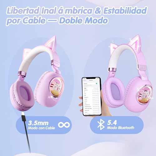 Kids Headphones Bluetooth 5.4 - Cat Ear LED Light Up Noise Cancelling Wireless Headphones with Mic, 85dB Volume Limited, Wired & Wireless Mode for Travel/School/iPad - color: Purple