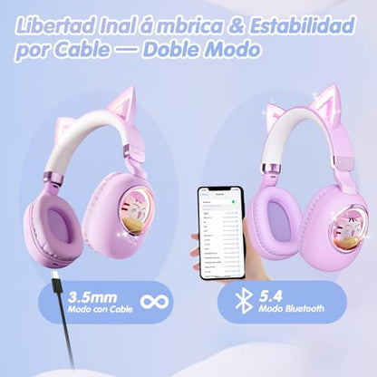 Kids Headphones Bluetooth 5.4 - Cat Ear LED Light Up Noise Cancelling Wireless Headphones with Mic, 85dB Volume Limited, Wired & Wireless Mode for Travel/School/iPad - color: Purple