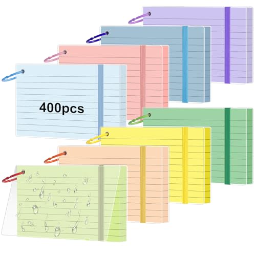 HAUTOCO 400 PCS Colored Index Cards 3x5 with Rings, Ruled Flashcards with Waterproof Covers, 8 Colors Note Cards for Studying, Vocabulary, Recipes, Office & School - color: 8 Colors-1, size: 3 x 5, 400 PCS