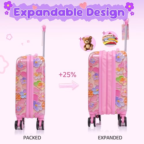 16’’ Kid’s Luggage Set with Spinner Wheels, Hardside with Suitcases,6 Piece | Carry on Luggage, Travel Rolling Luggage Airline Approved Suitcase Set with Spinner Wheels Girls Boys - color: Flower