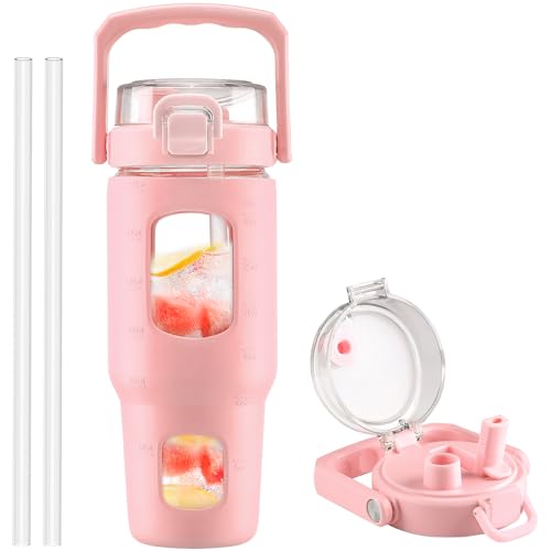 BLUEGO 32oz Glass Water Bottle with Handle and Straw|Leakproof Sports Glass Bottle with Time Marker and Silicone Sleeve|Glass Drinking Bottle for Travel, Gym, Workout, Pink - color: Pink, size: 32 Ounces
