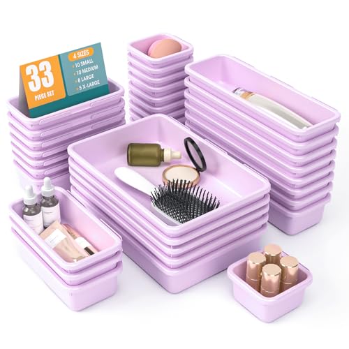 33 PCS Drawer Organizer Set, 4 Size Makeup Drawer Divider Organizer With Non-Slip Pads, Interlocking Plastic Storage Bins for Office,Jewelry Vanity,Gadgets, Bathroom,Kitchen, Purple - color: Purple, size: 33Pack