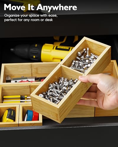 Bamboo Drawer Organizer Set, 6 PCS Desk Drawer Organizer Trays with 12 Compartments, Wood Storage Boxes for Junk Drawer, Kitchen Utensils, Office Supplies, Makeup, Jewelry, Bathroom - size: 12 Compartments