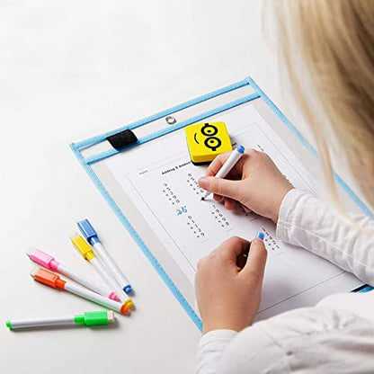 Dry Erase Pockets 30 Pack - 10 x 13 Reusable Dry Erase Pocket Sleeves for Work & School Worksheets - Heavy Duty Clear Pocket Sleeves - Quickly Wipe to a Flawless Clean (Multicolor)