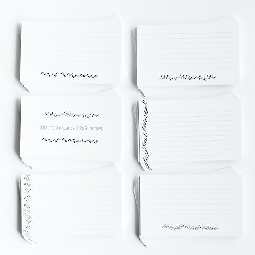 Leaf Garland Index Cards by Pure Print and Design | Floral Flash Cards Perfect For Study Sessions & Learning | 100 Cards of Premium Quality with 5 Different Designs | Black and White | 3x5 inches - color: Black and White