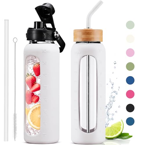 32 oz Glass Water Bottle with Straw – 2 Lids (Bamboo & Spout Lid), 1L Motivational Borosilicate Glass Daily Water Intake Bottle with Time Marker, Silicone Sleeve for Home Office-White - color: White, size: 32 Ounces