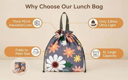 Double-Handle Lunch Bag, Insulated Waterproof Reusable Tote for Women/Students, Fits 2 Bento Boxes + Water Bottle - Ideal for School/Office/Picnic (Sunflower) - color: Sunflower
