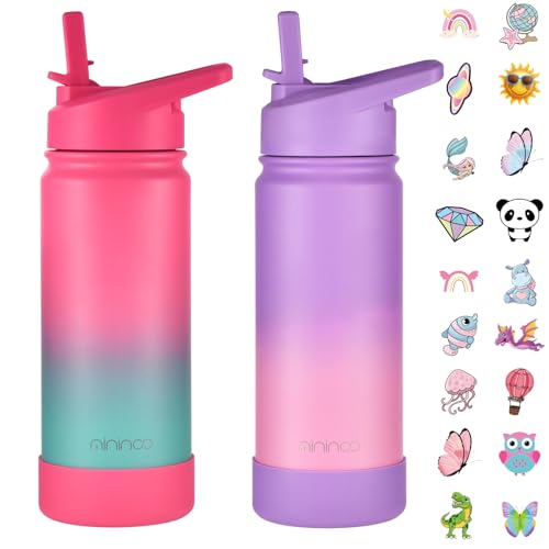Mininoo Kids Water Bottle for School, 16oz Stainless Steel Insulated Water Bottle Kids with Straw Lid for Girls, Boys (2 Pack) - color: 2 Pack-Punch/Purple, size: 16 Ounces