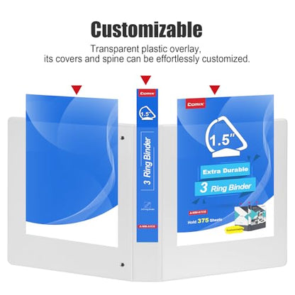 COMIX Heavy Duty 1 1/2 inch Slant-D Ring View Binder, 1.5 inch 3 Ring Binders, Hold 350 Sheets of 8.5" x 11" Paper, 8 Pack (White) - color: White, size: 1.5 inch, style: 8 Pack