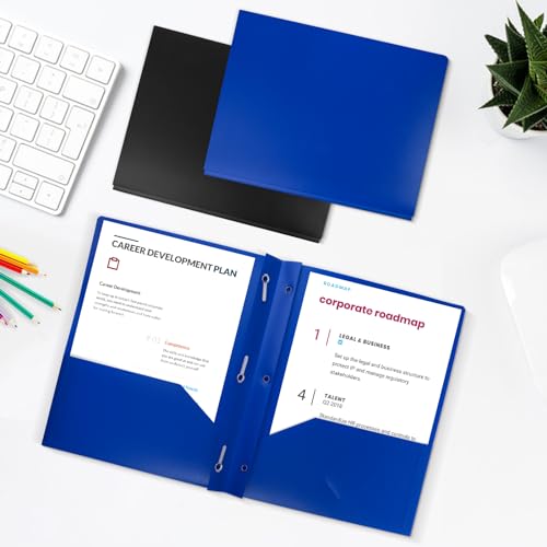 12-Pack Plastic Folders with Pockets and Prongs, 2-Pocket Poly Folders with 3 Fasteners Holds 8-1/2" x 11" Paper for School/Office/Home, Blue - color: Deep Blue, size: 12-Pack