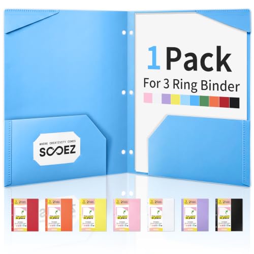 Sooez 2-Pocket Folders, Plastic Folders with Pockets 3 Hole Punched | 1 Pack Pockets Folder for 3 Ring Binder with Labels, Heavy Duty Binder Folder for Document, Letter Size File Folder,Blue - color: Blue, size: 1 Pack