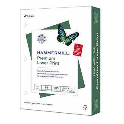 Hammermill Premium Laser Print Paper, 24 lb Copy Paper, 8.5 x 11 Letter Size, 3 Hole - 1 Ream (500 Sheets) - 98 Bright - size: 1 Ream | 500 Sheets, style: 3 Hole (8.5x11)