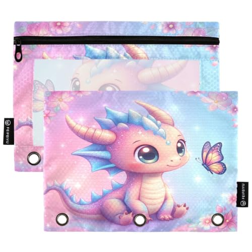 Gredecor 3 Ring Binder Pencil Pouch, Adorable Dragon Butterfly Zippered Pen Case Pouches with Clear Window, 2 Pack Stylish Office & School Supplie - color: Adorable Dragon Butterfly