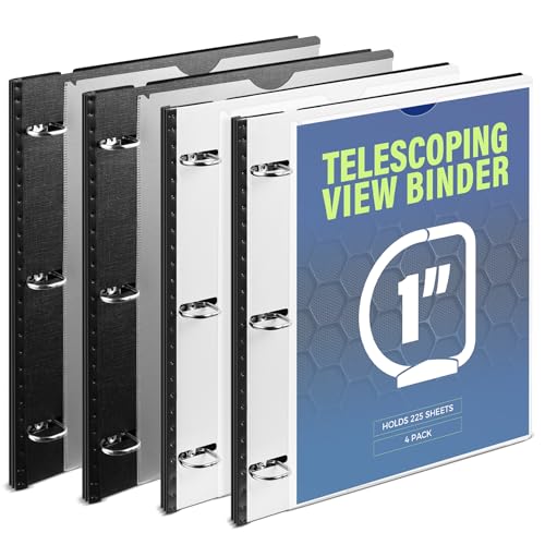 WOT I 1 Inch Telescoping 3 Ring Binder 4 Pack, Expandable Flexible Binder with Customizable Front Cover & Clear Catalog Pocket, Holds 8.5"x11" Paper, School Office Supplies, Black+White - color: Black+white -With Front Cover, size: 1 Inch