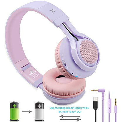 Riwbox WT-7S Kids Bluetooth Headphones Light Up, Foldable Stero Wireless Headset,with Microphone and Volume Control,Comfortable and Durable,for PC/Tablet/TV/Travel(Purple) - color: Purple