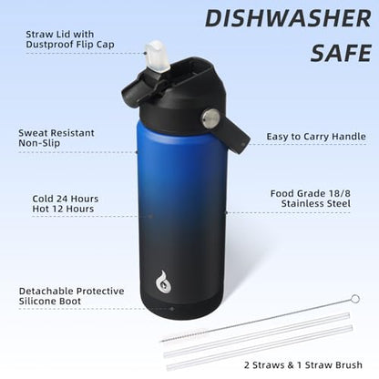 BJPKPK Insulated Water Bottle with Straw Lid, 18oz Thermo Water Bottles, Flex Handle & Non-slip Boot, BPA Free Leak Proof Stainless Steel Metal Thermo, Tumblers, Cups,Black Blue - color: Black Blue, size: 18 Ounces