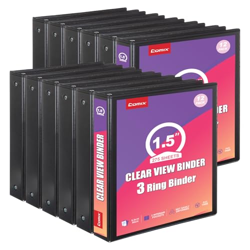 Comix Durable 1.5 Inch 3 Ring Binder, Round View Binder for Office or School, Fits 275 Sheets of 8.5x11 Paper, PVC-Free & Foldable Spine, Made in North American, 12 Pack (Black) - color: Black, size: 1.5 inch, style: 12 Pack