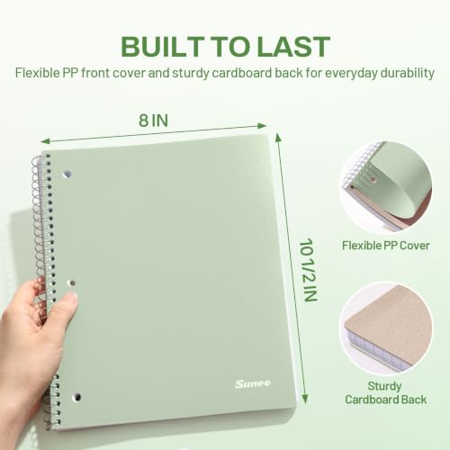SUNEE Spiral Notebook, 1-Subject, College Ruled Paper, 8" x 10-1/2", 100 Sheets per Notebook, 3-Hole Punched Paper, Water Resistant Cover, Double-sided Pockets, Spiral Lined Notebooks for Work, Green - color: Green