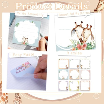 Giraffe Sticky Notes Gifts - 9 Pack Cartoon Giraffe Notepads 3x3 Inch Gifts for Women Men, Safari Animal Self-Adhesive Memo Pads Office School Supplies (450 Sheets) - style: Giraffe