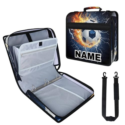 Custom Zipper Binder Lightning Fire Soccer 3 Ring Binder 1.5 Inch Expanding Pockets File Folder Large Capacity Document Organizer Bag with Handle and Strap - color: Multi 8