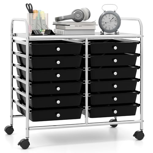Giantex 12 Drawers Rolling Cart, Mobile Storage Drawer Cart, Classroom Organizer Cart for Office School Supplies Tools Scrapbook Paper Craft Small Printer, Utility Cart on Wheels, Black - color: Black, size: 25” x 15” x 24.5”(12 Drawers)